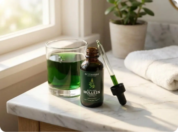 A bottle of Mullein tincture with a dropper and a glass of green liquid on a bathroom counter.