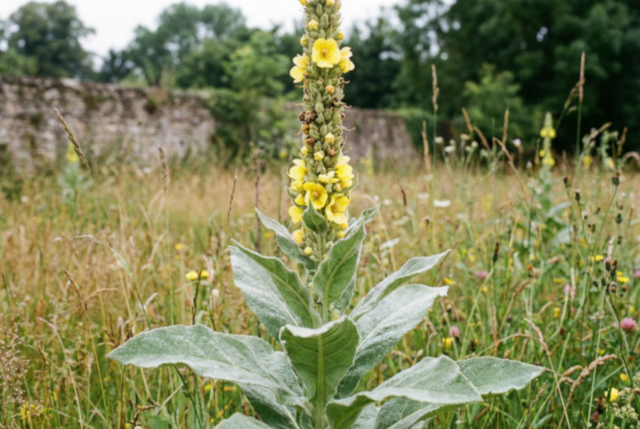 Mullein stalk with yellow flowers and fuzzy silvery-green leaves in a meadow with a low stone wall behind