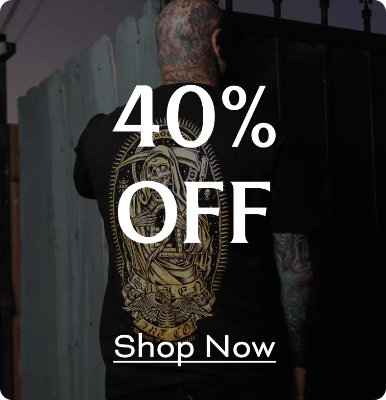 Person wearing a shirt with graphic design, text '40% OFF Shop Now.'