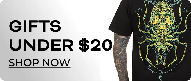 Black t-shirt with intricate design next to text reading 'Gifts Under $20, Shop Now'.
