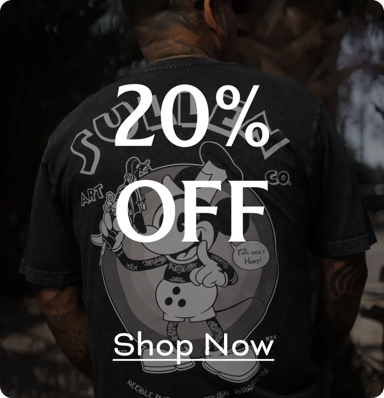Person wearing a printed t-shirt with '20% OFF Shop Now' text overlay.