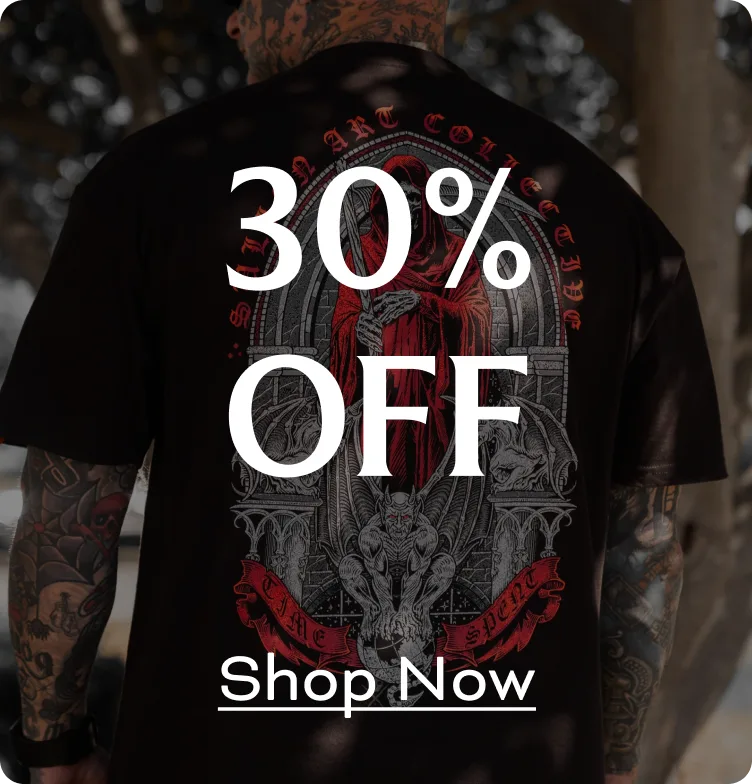 Tattooed person wearing a black shirt with design; text overlay: '30% OFF, Shop Now.'