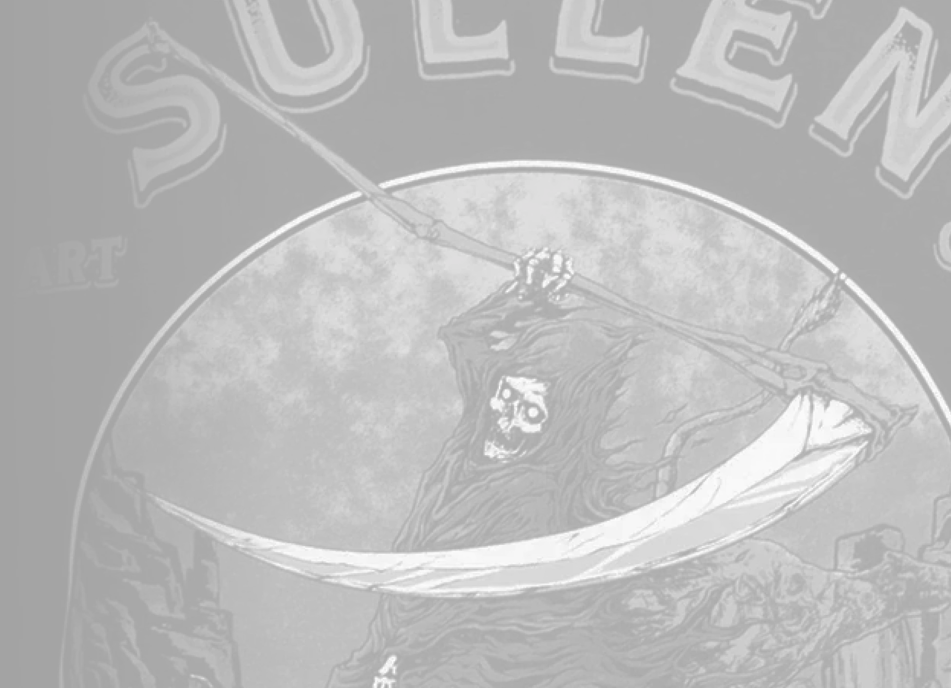 Grim reaper with scythe in black and white design, 'Sullen' text above.