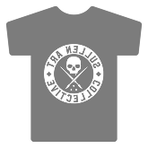 Gray T-shirt with a skull and crossbones design in a circular emblem.
