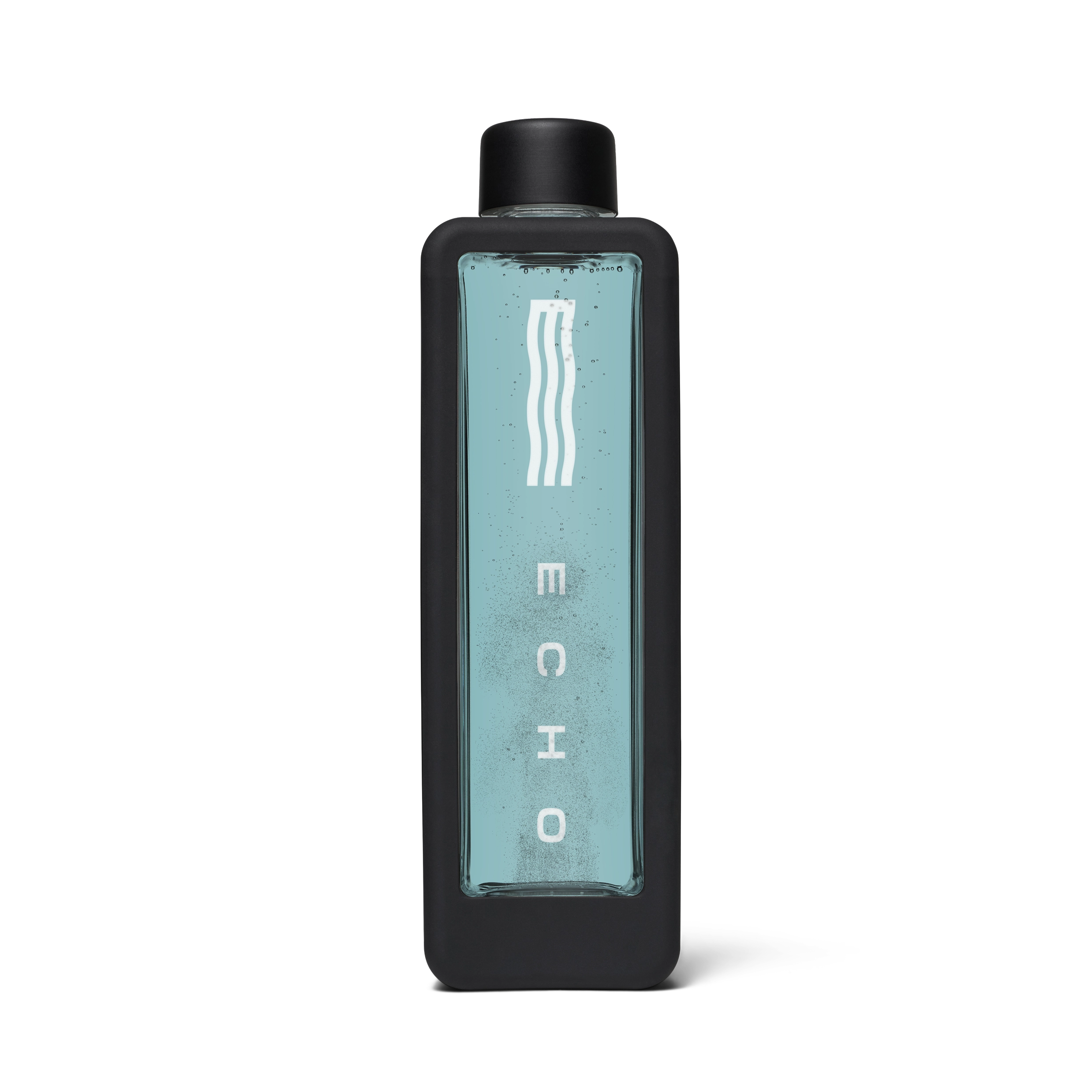 Rectangular clear bottle with black cap, containing blue liquid labeled 'ECHO'.