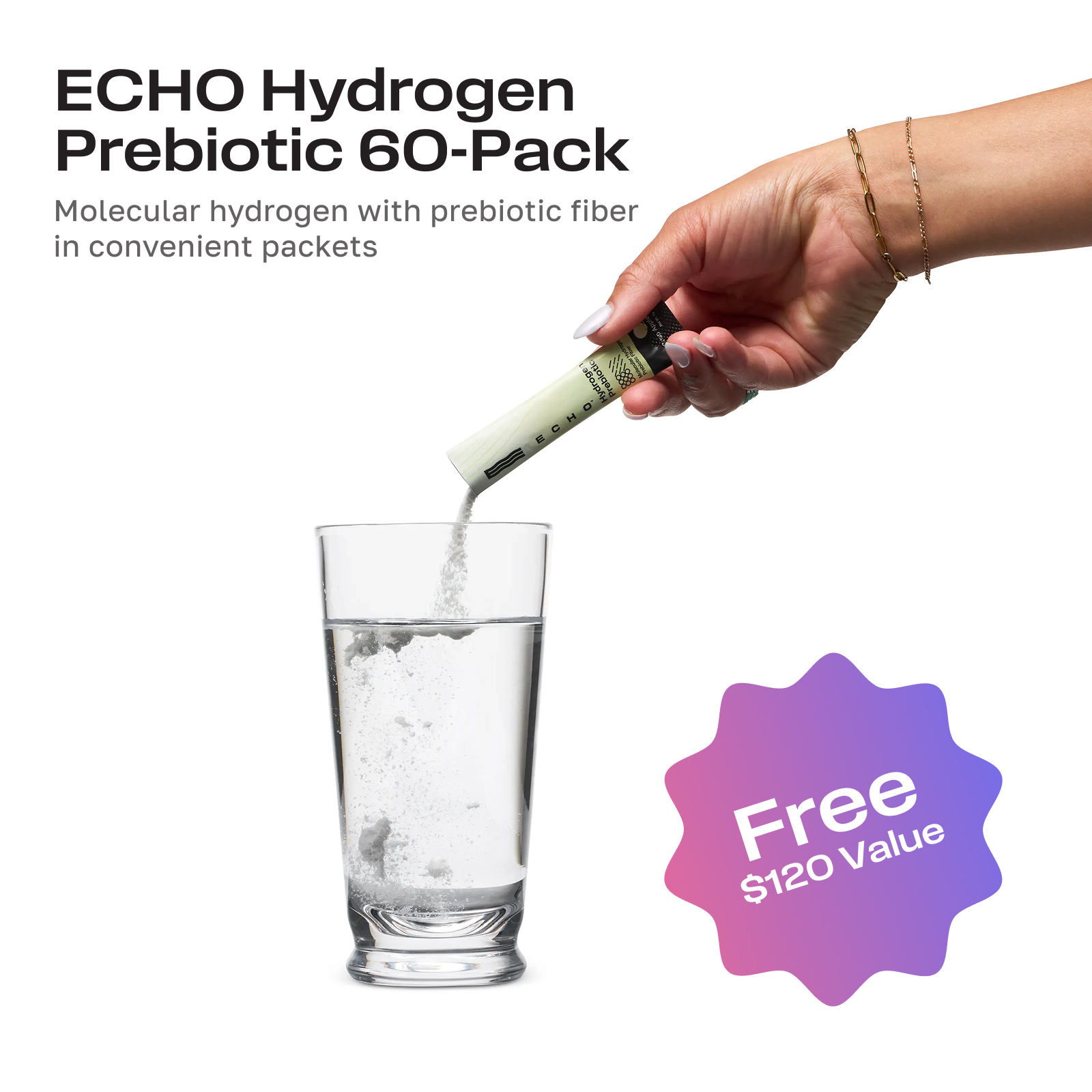 A hand pours a packet of Echo Hydrogen Prebiotic powder into a glass of water.