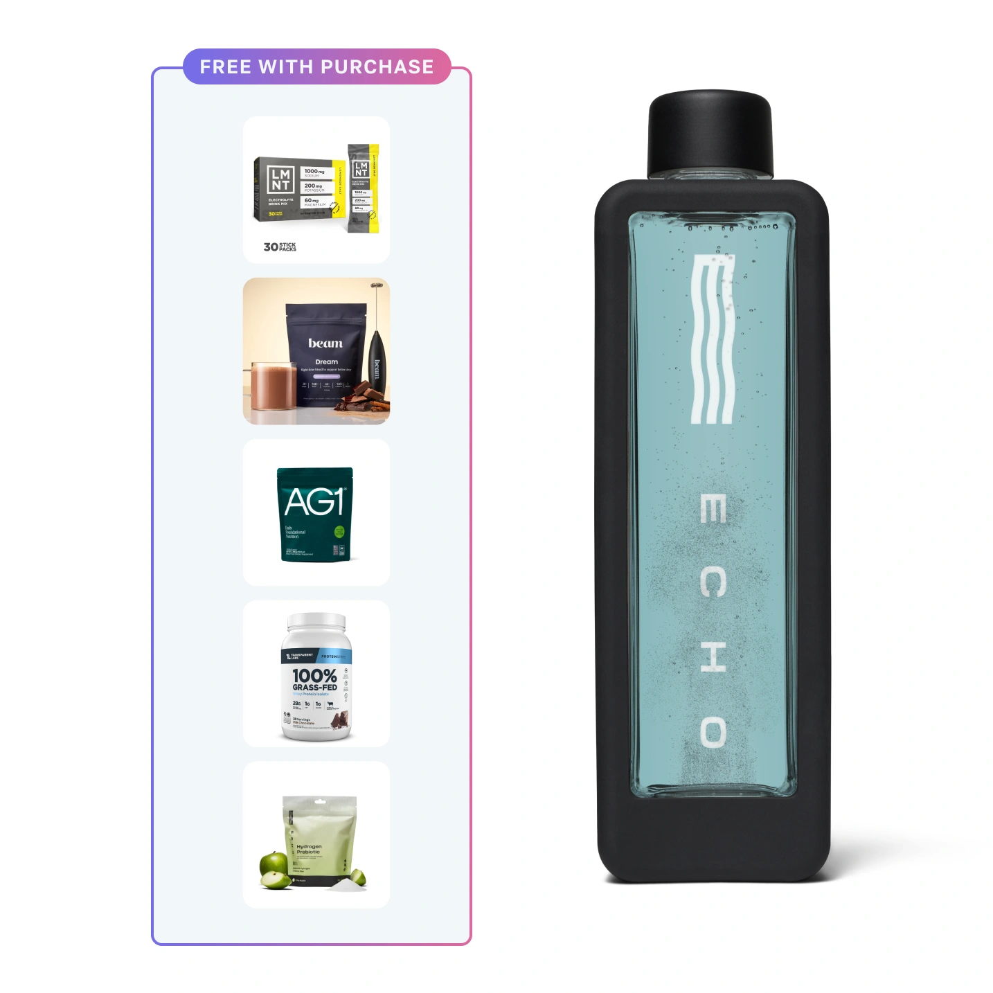 Echo water bottle next to a list of free promotional items.