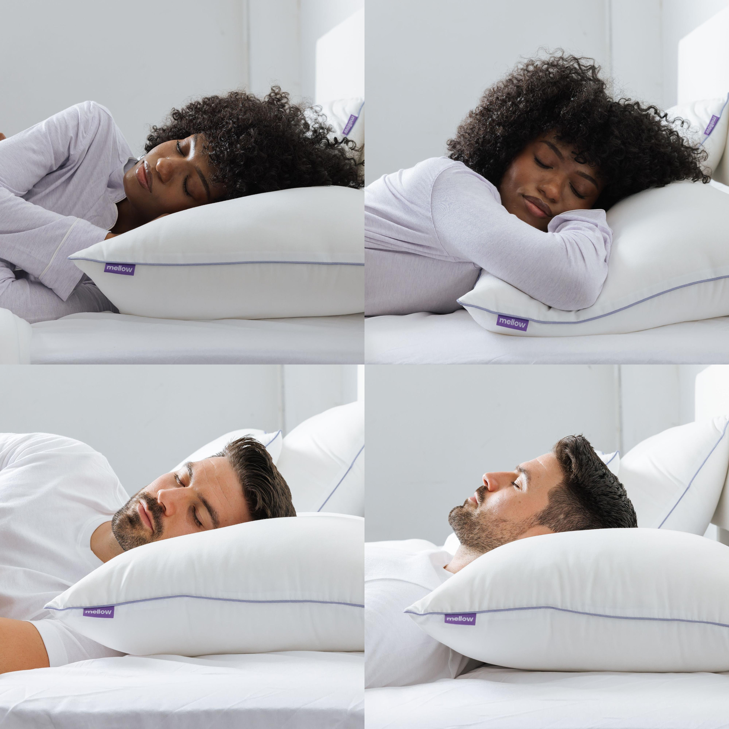 A collage of four photos showing a woman and a man sleeping peacefully on white Mellow pillows.
