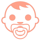 A salmon-colored icon of a baby's face with a pacifier in its mouth.