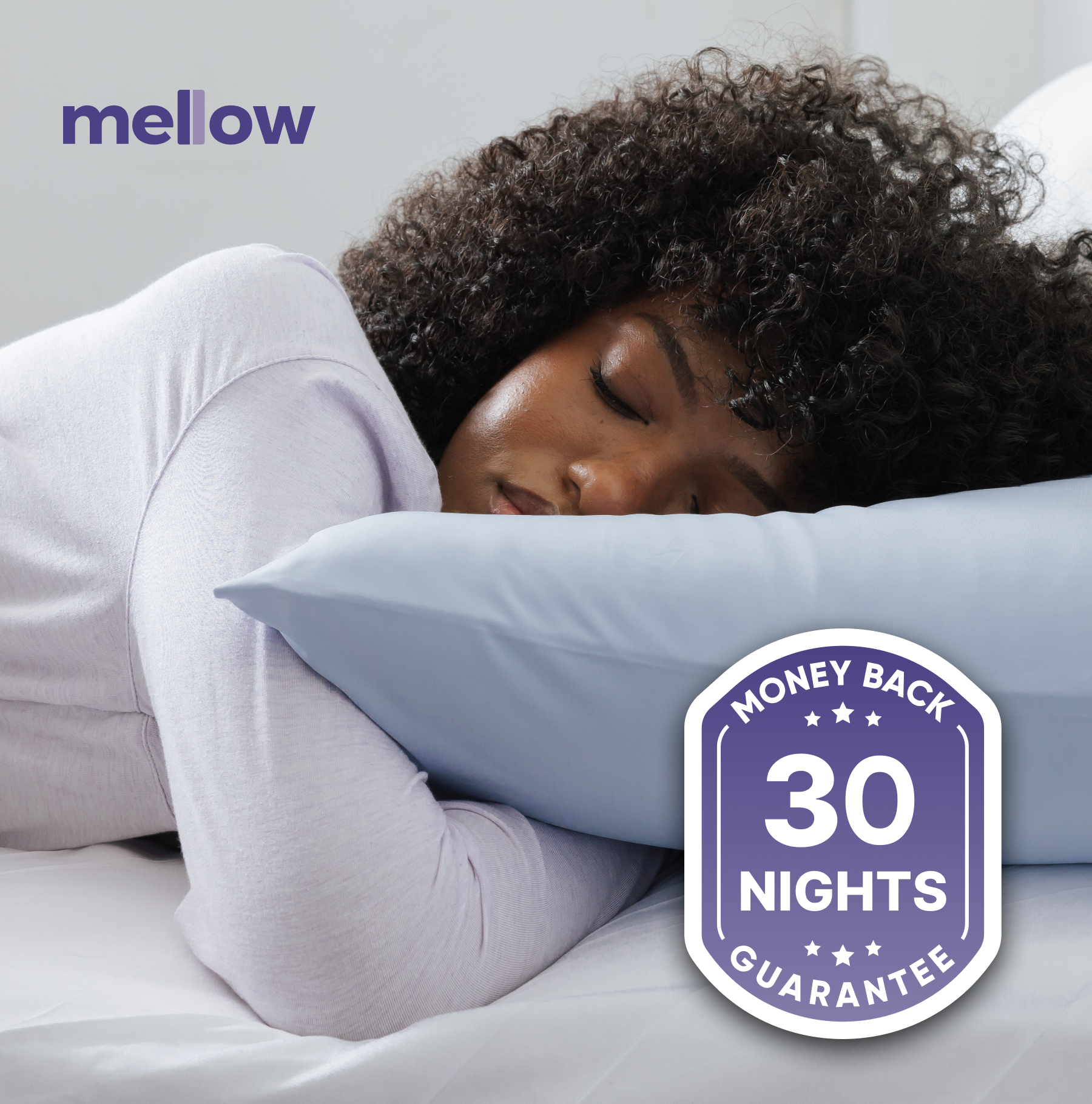 A person with curly hair sleeping on a light blue pillow, with Mellow logo and 30-night guarantee badge.