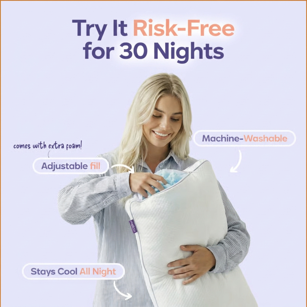 A smiling woman adjusts the blue foam filling inside a white pillow, with text highlighting its features.