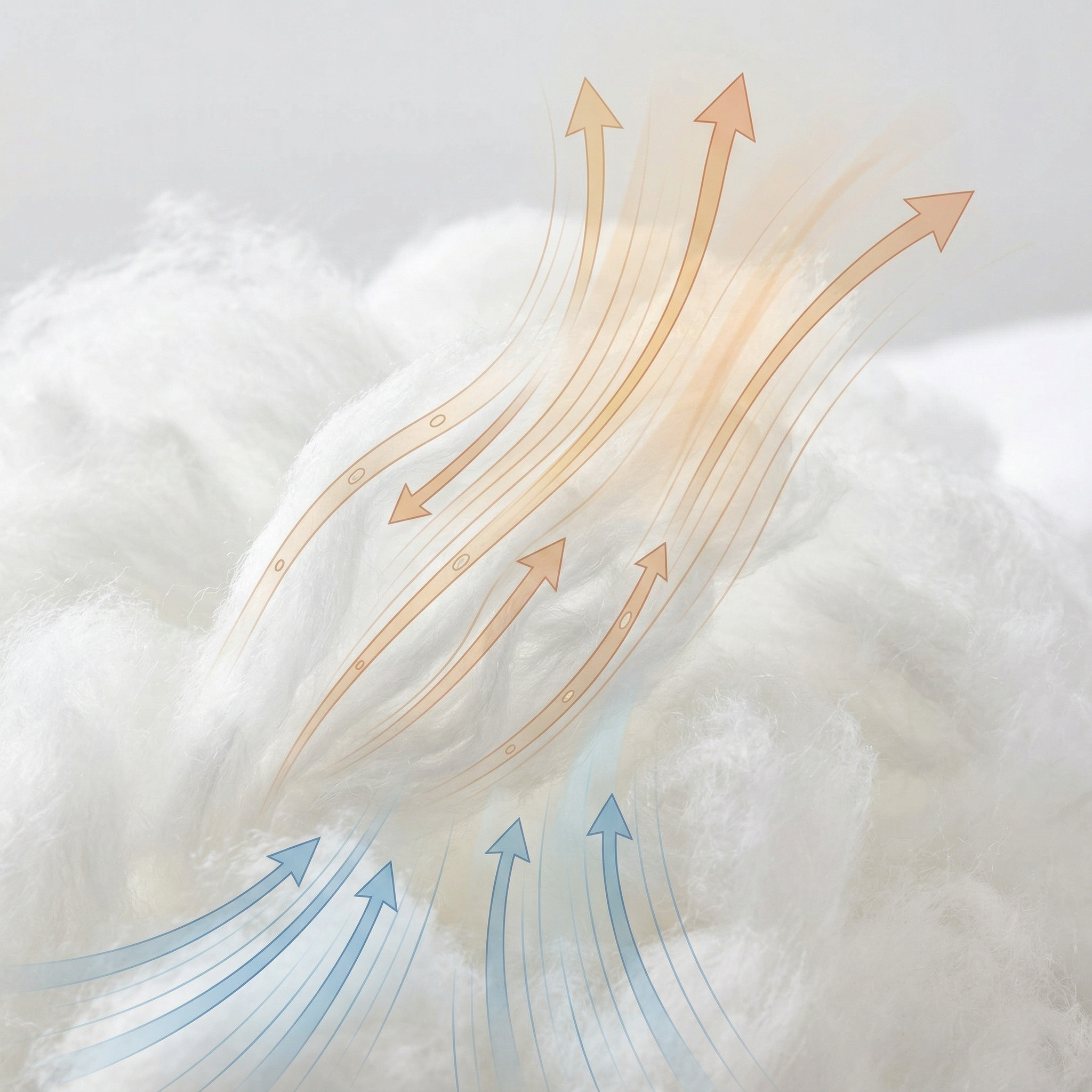 A close-up of fluffy white fibers with blue and orange arrows illustrating airflow through the material.