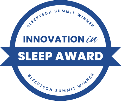 Blue and white badge: Innovation in Sleep Award, SleepTech Summit Winner.