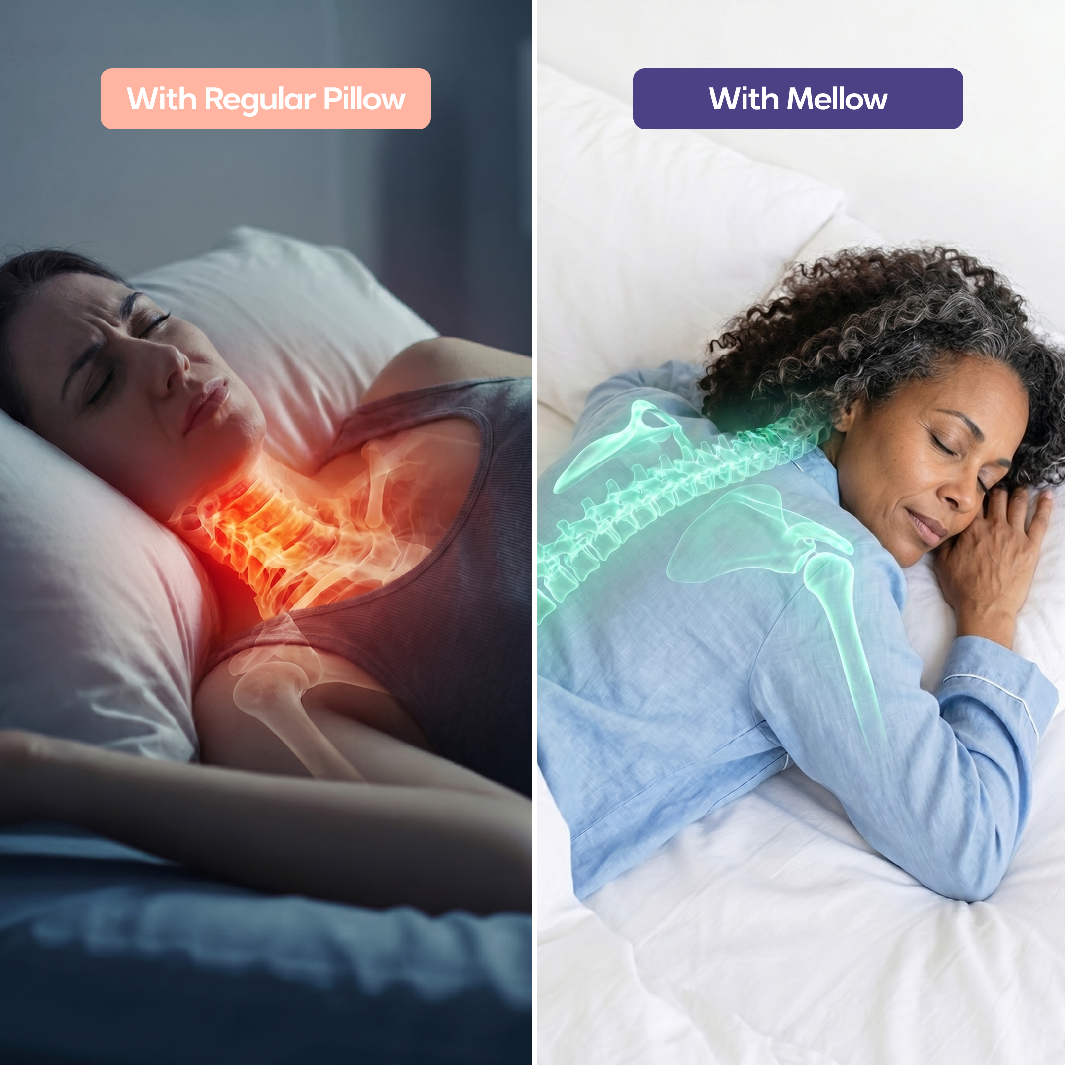 A split image compares a woman in pain with a regular pillow to a woman sleeping peacefully with another.