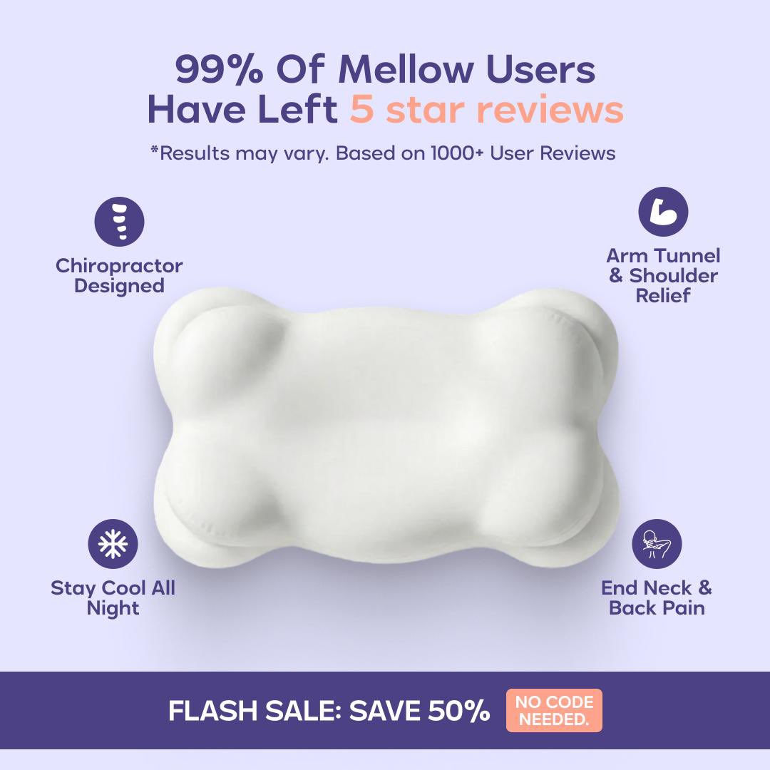 An advertisement for a white, contoured pillow listing its features, including pain relief, cooling, and a flash sale.