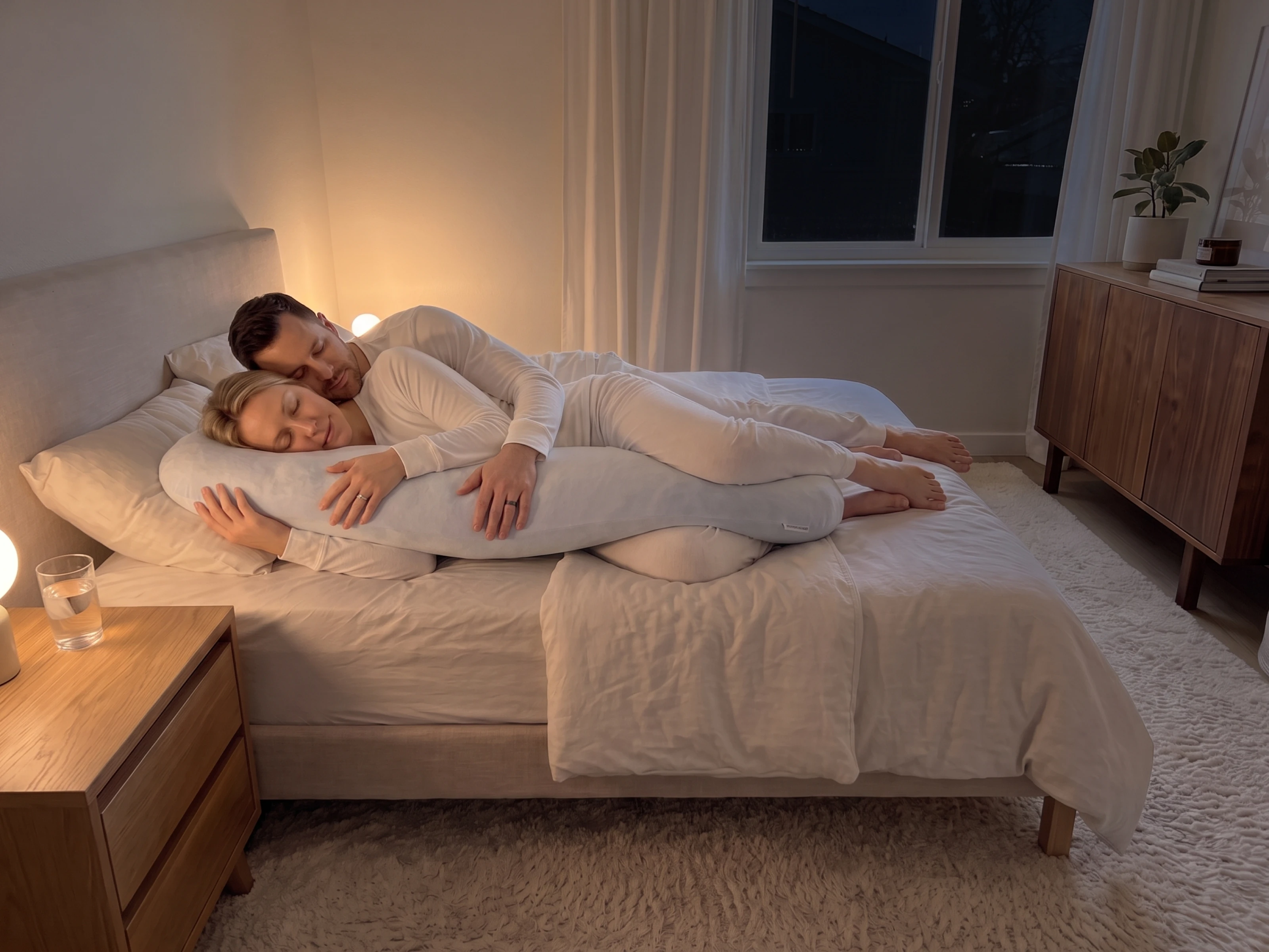 A couple wearing white pajamas cuddle in bed, with the woman hugging a large body pillow.
