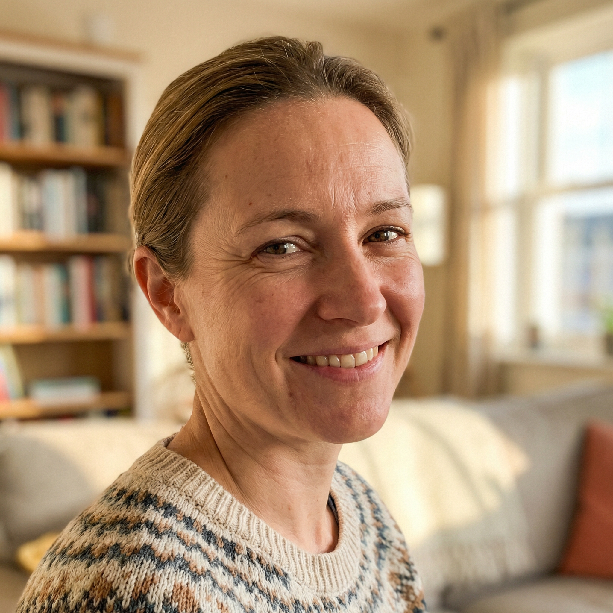 A smiling woman in a patterned sweater looks towards the camera in a sunlit room.