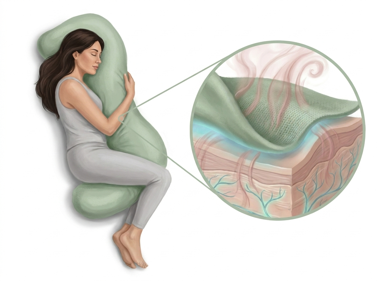 Illustration of a woman sleeping with a body pillow, with a magnified view of its cooling fabric technology.