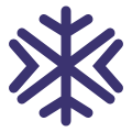 A dark blue, stylized icon of a six-pointed snowflake on a white background.