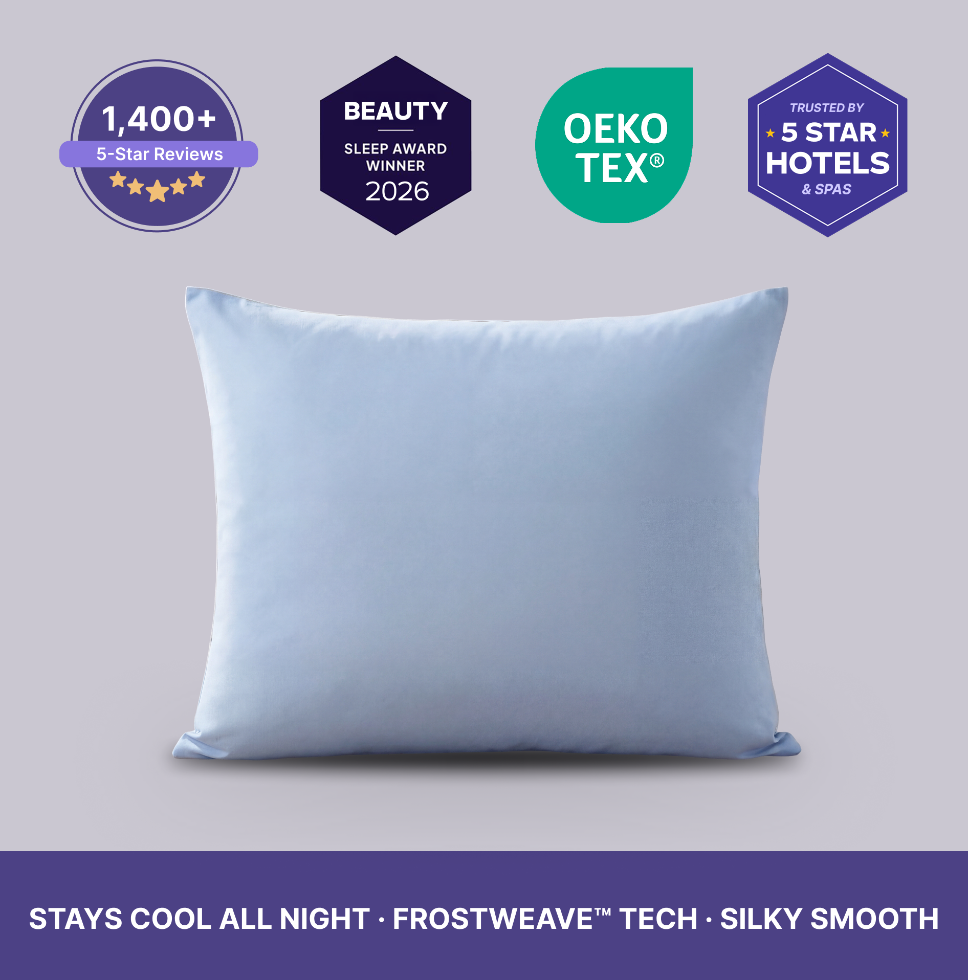 A light blue pillow on a light purple background, surrounded by various award and certification badges.