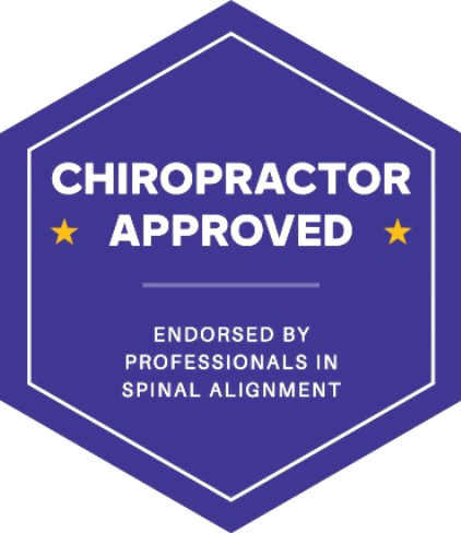 Hexagonal badge with text 'Chiropractor Approved' and stars.