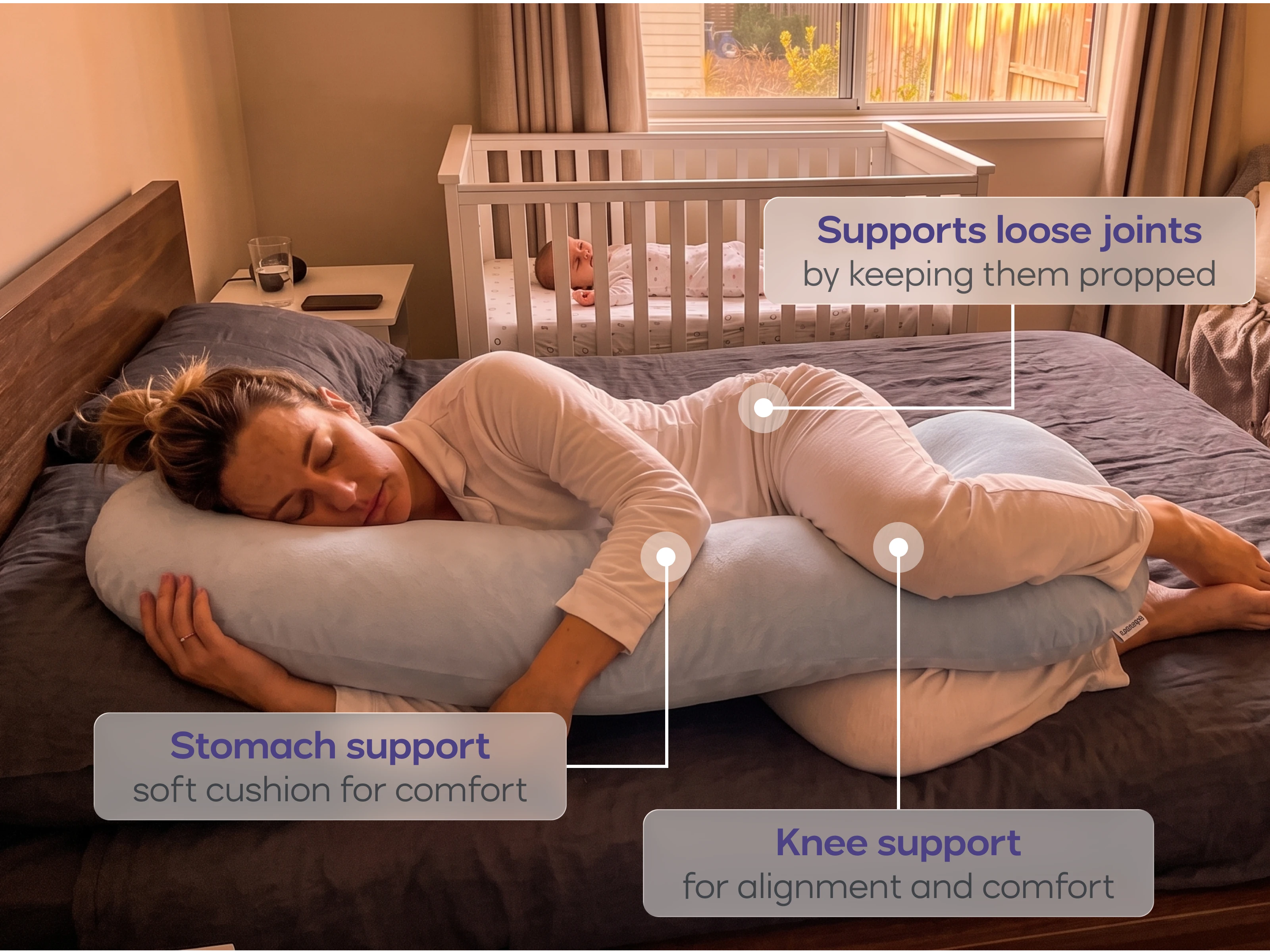A woman sleeps with a body pillow in a bedroom, with text showing its support features. A baby is in a crib.