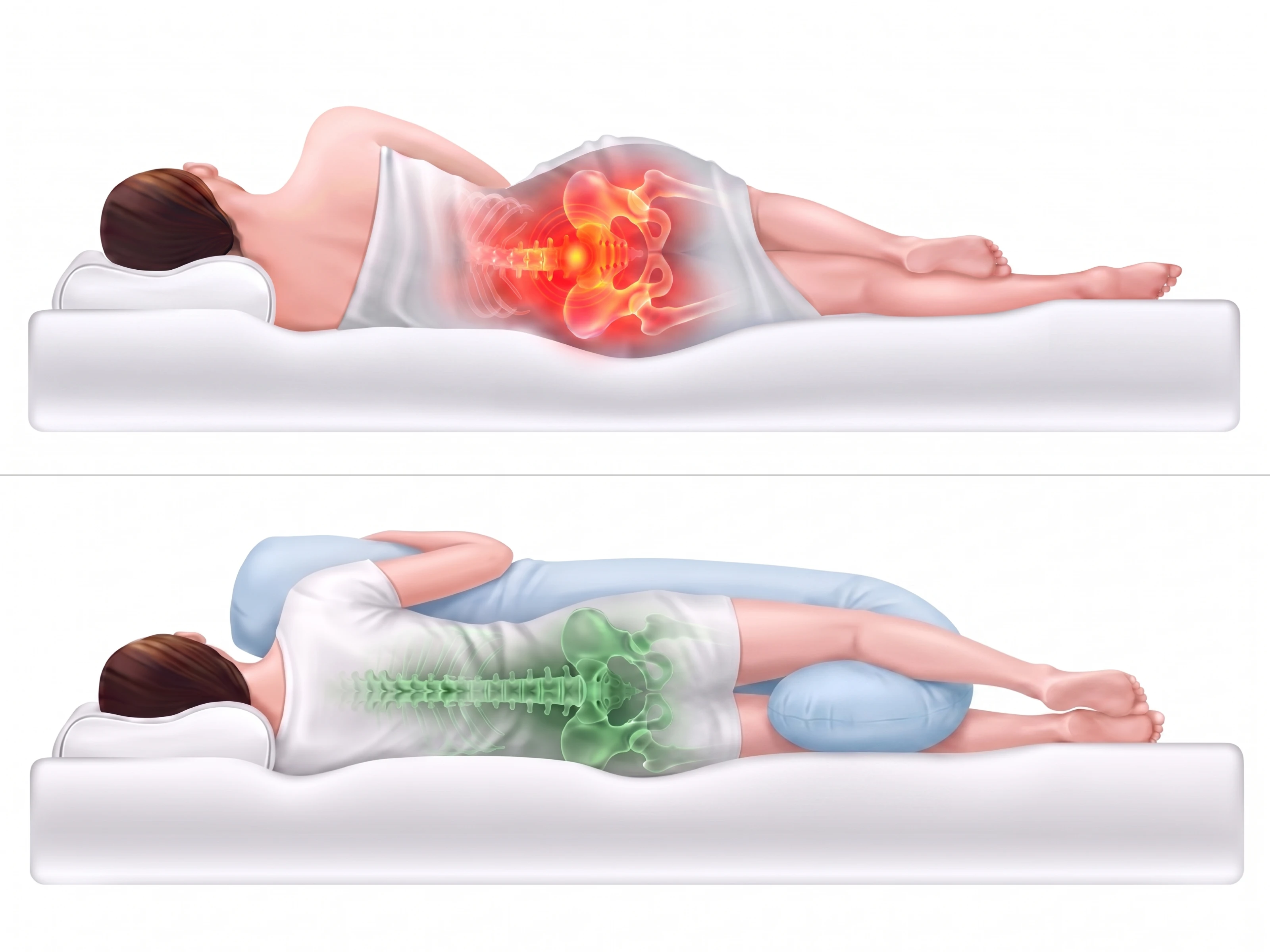 Illustrations comparing sleeping with and without body pillows to show proper and improper spinal alignment.