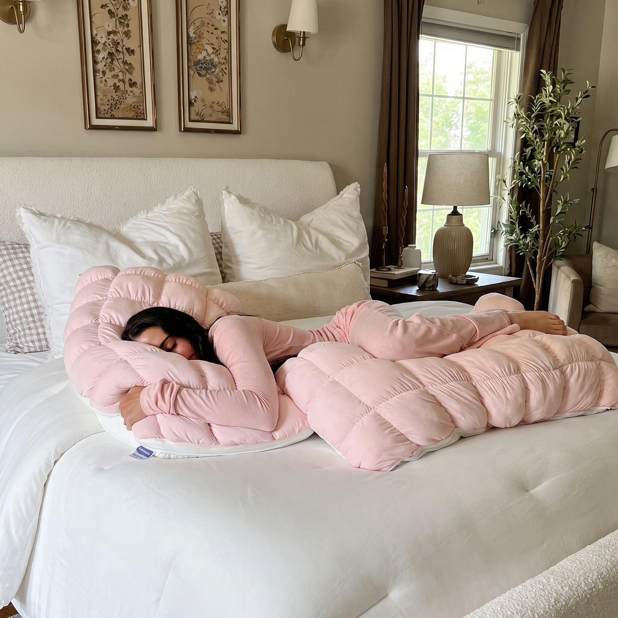 A woman sleeps on a bed, nestled inside a large, pink, segmented body pillow.