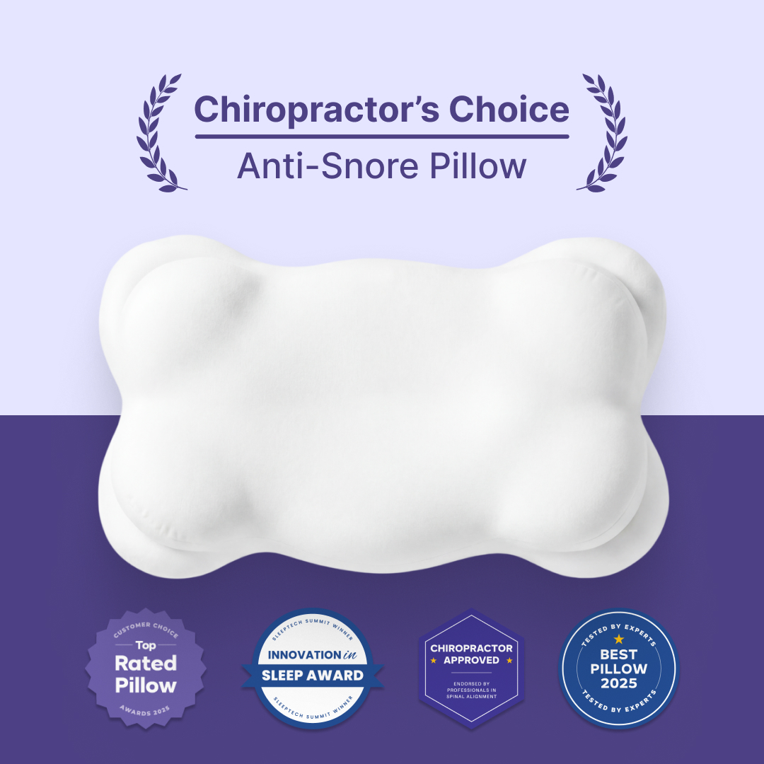 A white, bone-shaped anti-snore pillow on a purple background with text and award badges.