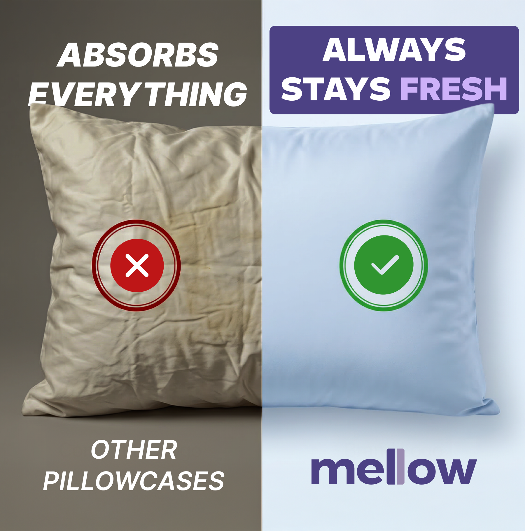 A split-screen image comparing a dirty, stained pillowcase on the left with a clean, light blue pillowcase on the right.