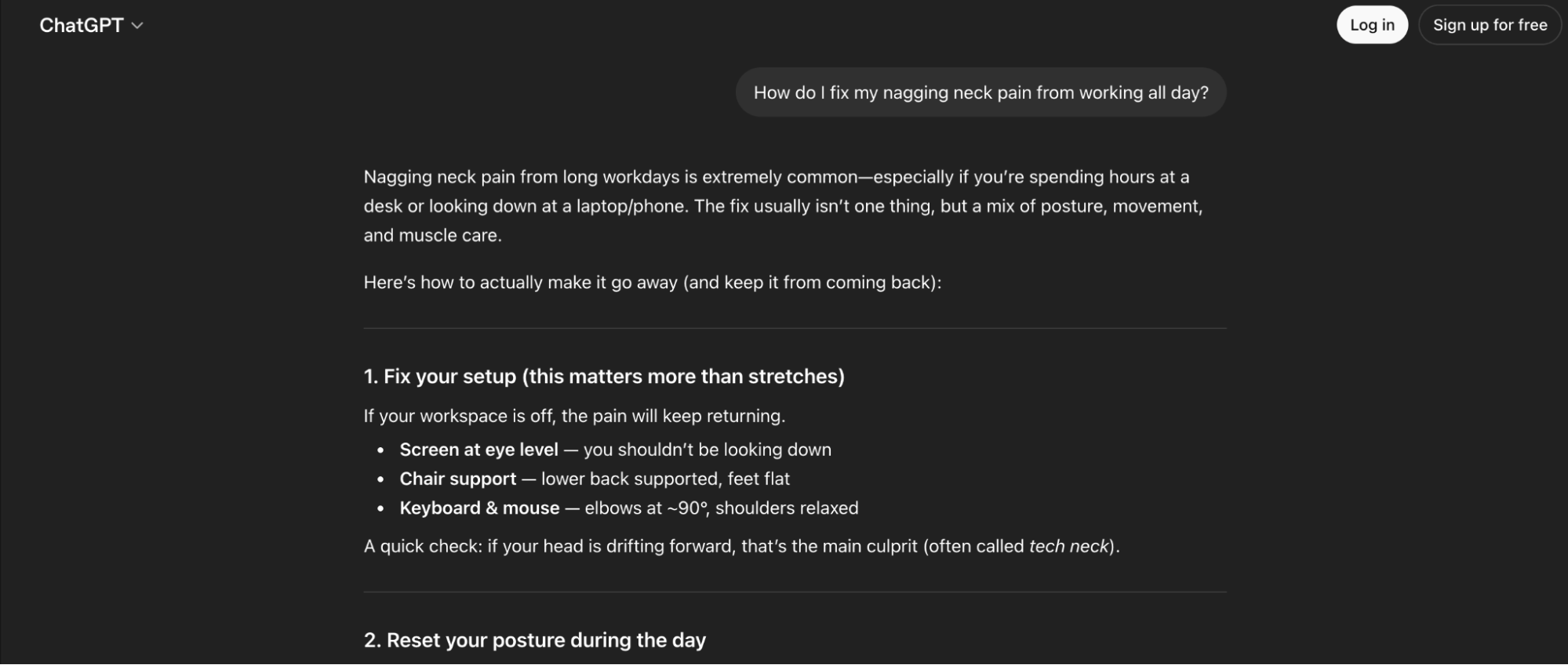 A screenshot of a ChatGPT conversation giving advice on how to fix nagging neck pain from working.