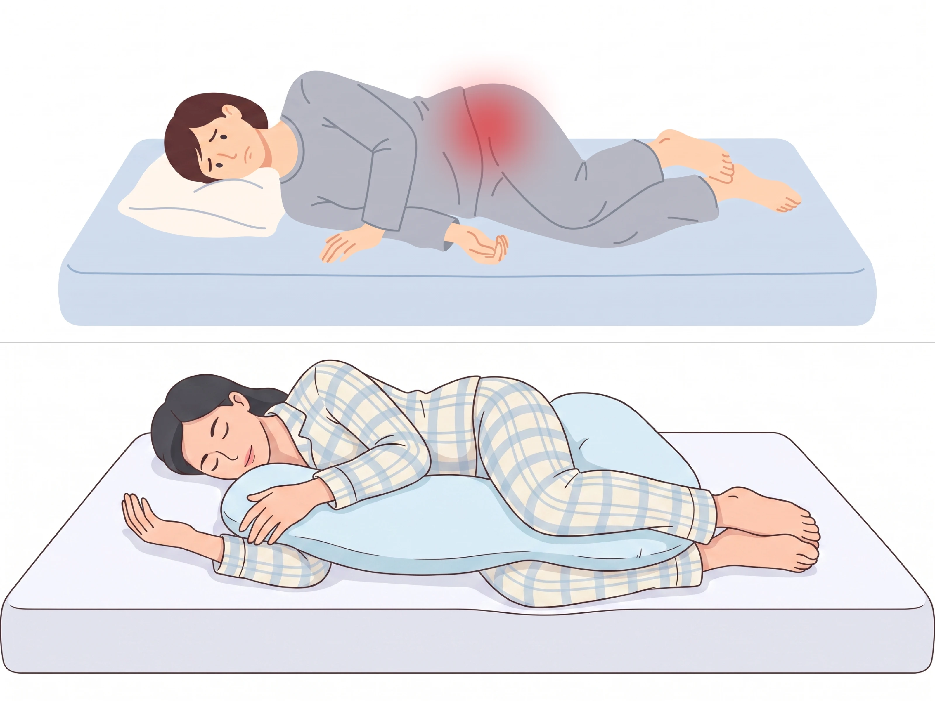 An illustration comparing someone with back pain to someone sleeping comfortably with a body pillow.