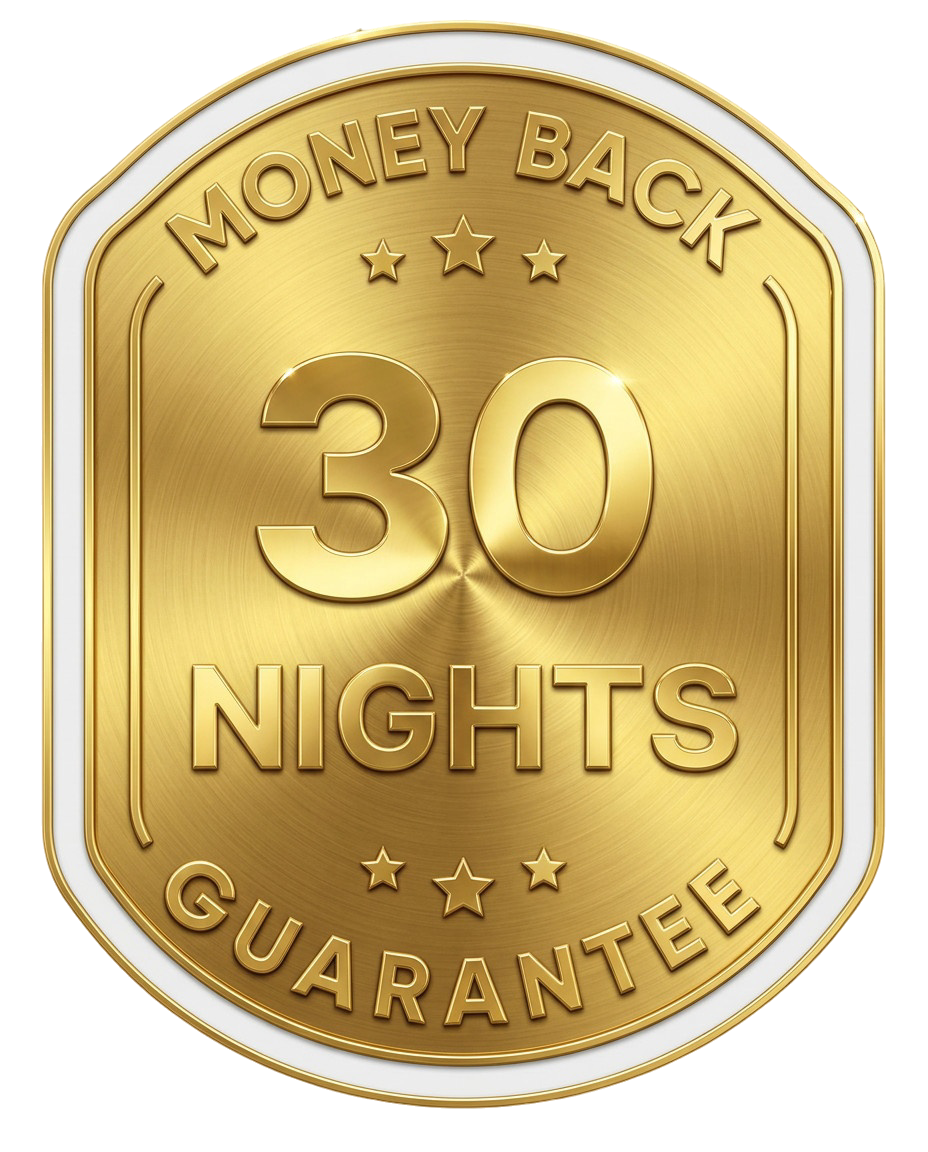 A gold seal that reads 'Money Back 30 Nights Guarantee' against a white background.