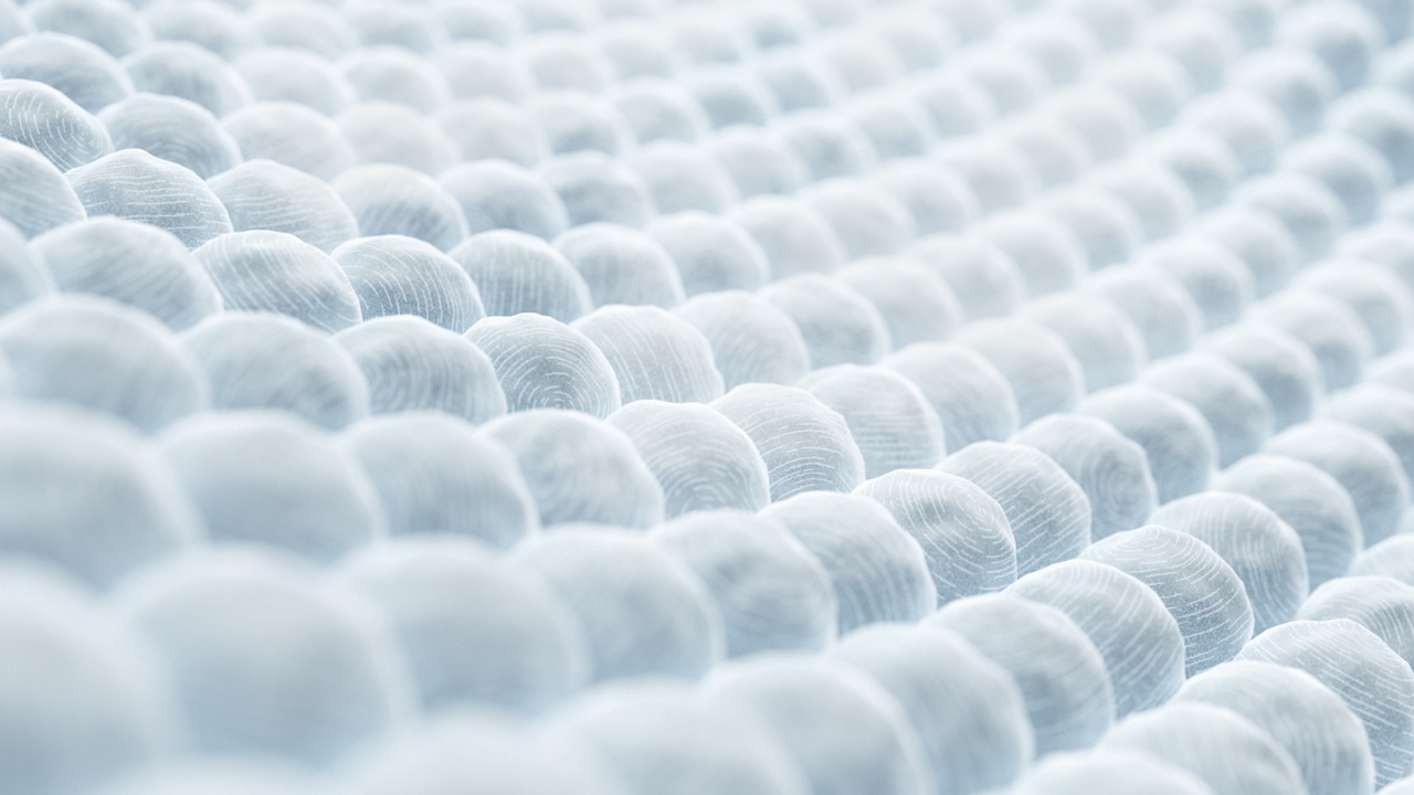 An abstract, microscopic view of a textured surface with rows of light blue, rounded shapes.