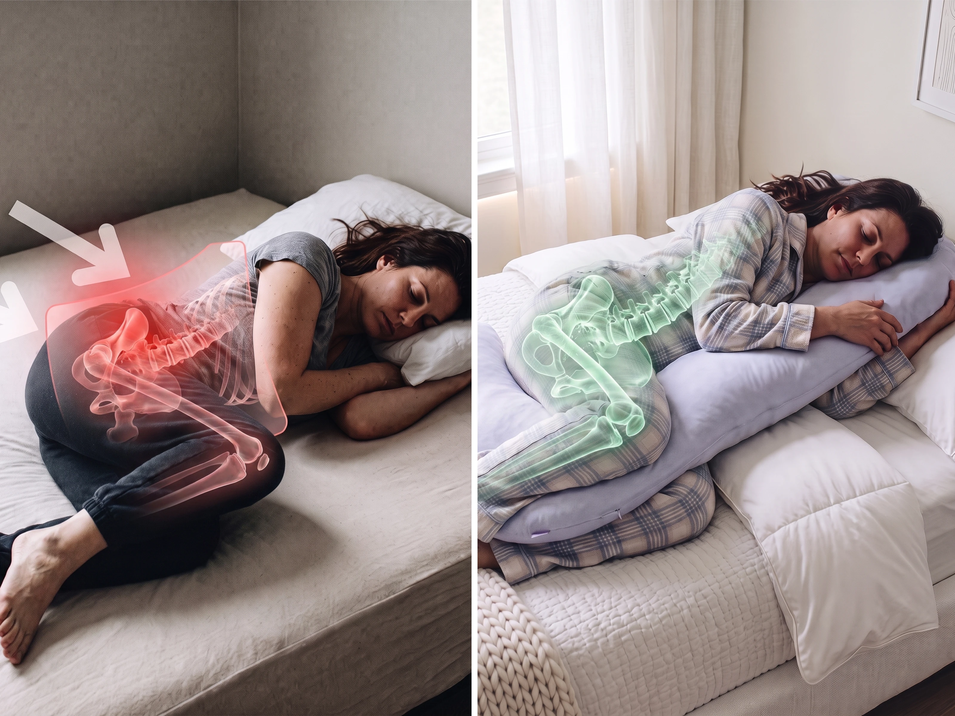 A before-and-after graphic of a woman sleeping, showing improved spinal alignment with a body pillow.