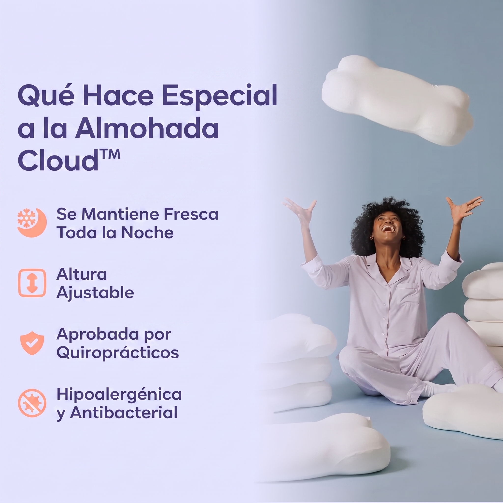 A woman in pajamas happily tosses a pillow in the air, next to a list of product features.