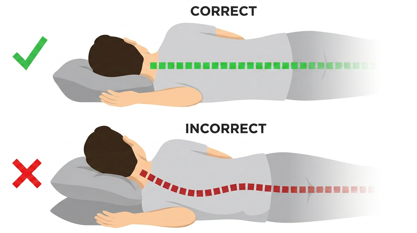 A diagram illustrating the correct and incorrect sleeping postures for spinal alignment while lying on one's side.