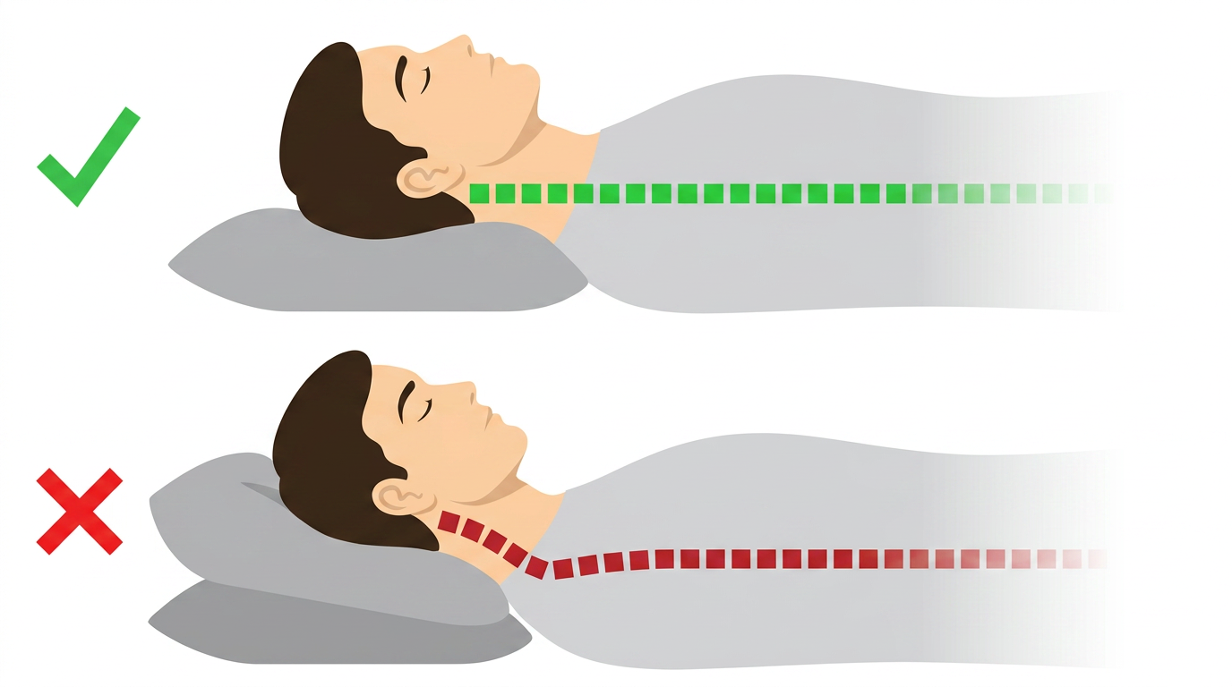 Illustration comparing correct and incorrect sleeping postures for proper spinal alignment.