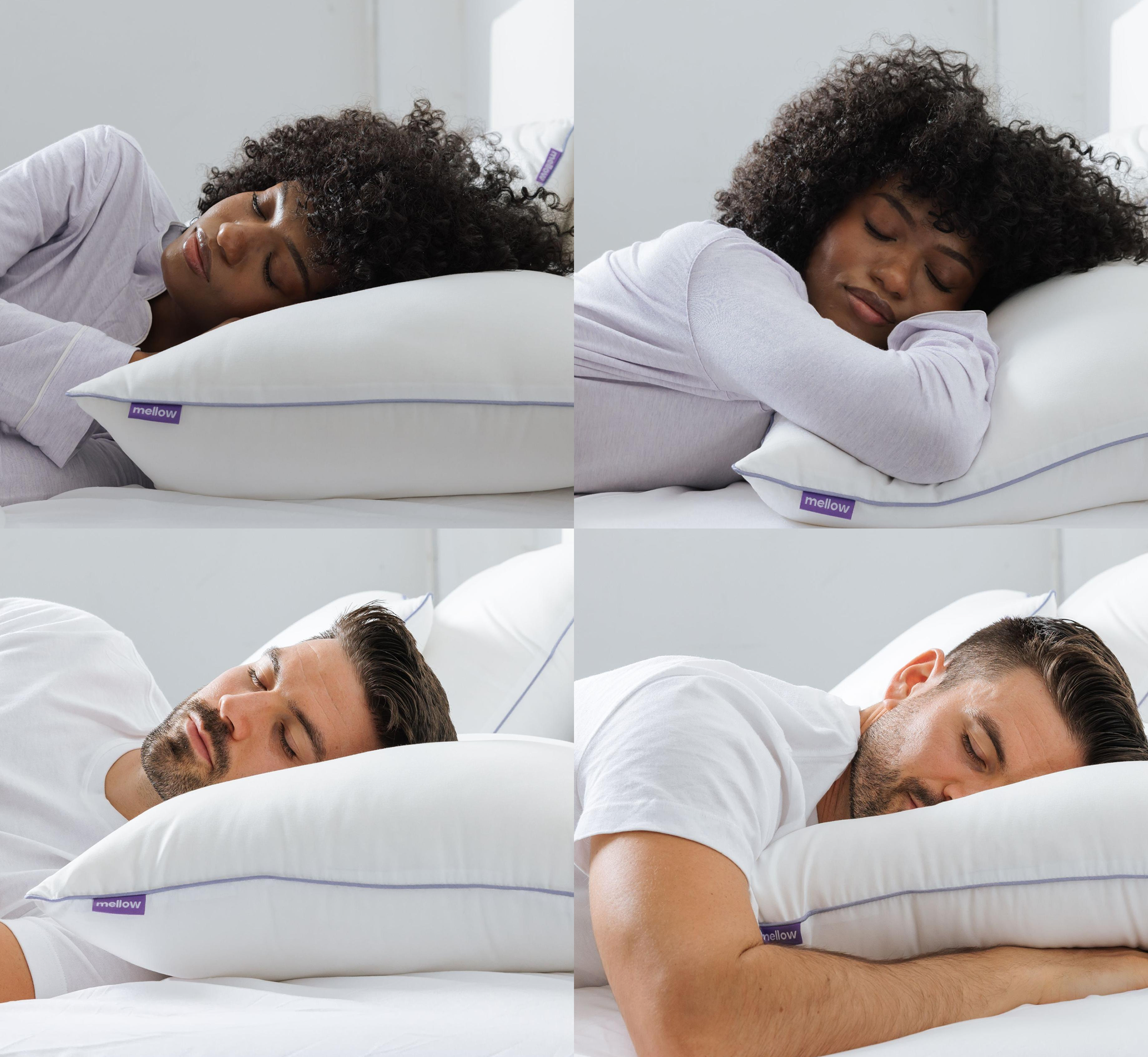 A photo collage of a man and a woman sleeping peacefully on white pillows with purple tags.