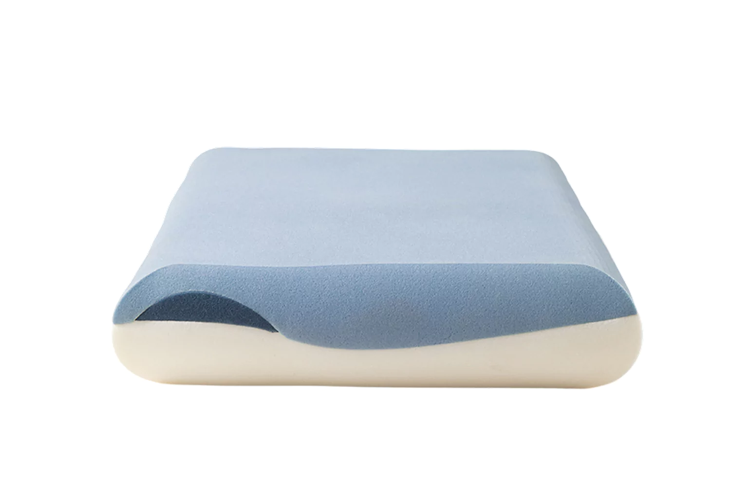 Blue and white memory foam pillow with a contoured design.