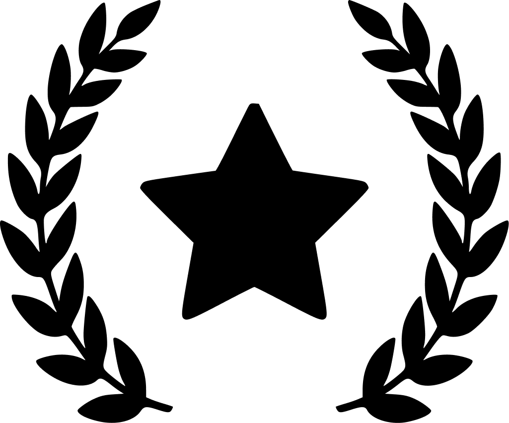 A black silhouette of a five-pointed star framed by two laurel branches.