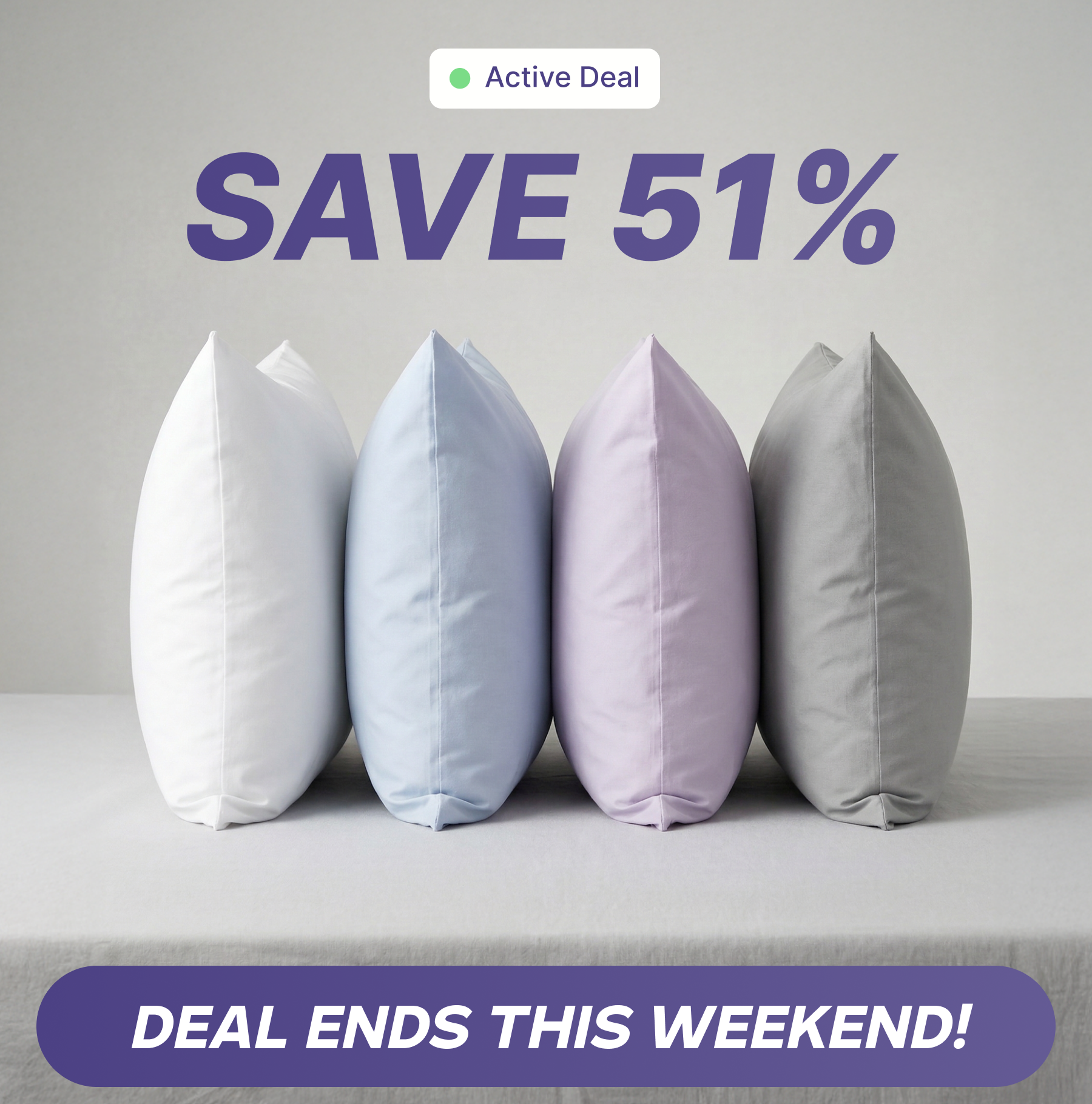 Four pillows in assorted colors standing in a row, with text advertising a 51% discount.