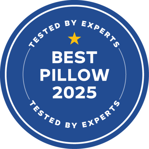 Blue badge with 'Best Pillow 2025, Tested by Experts.'