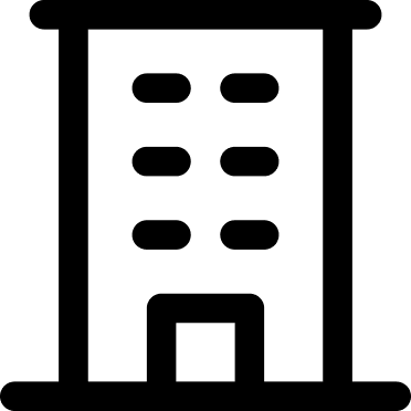 A black and white line icon of a multi-story building with a door and six windows.