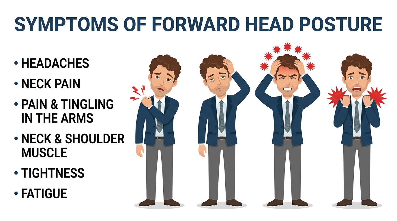 Infographic showing symptoms of forward head posture, with illustrations of a man experiencing pain and fatigue.