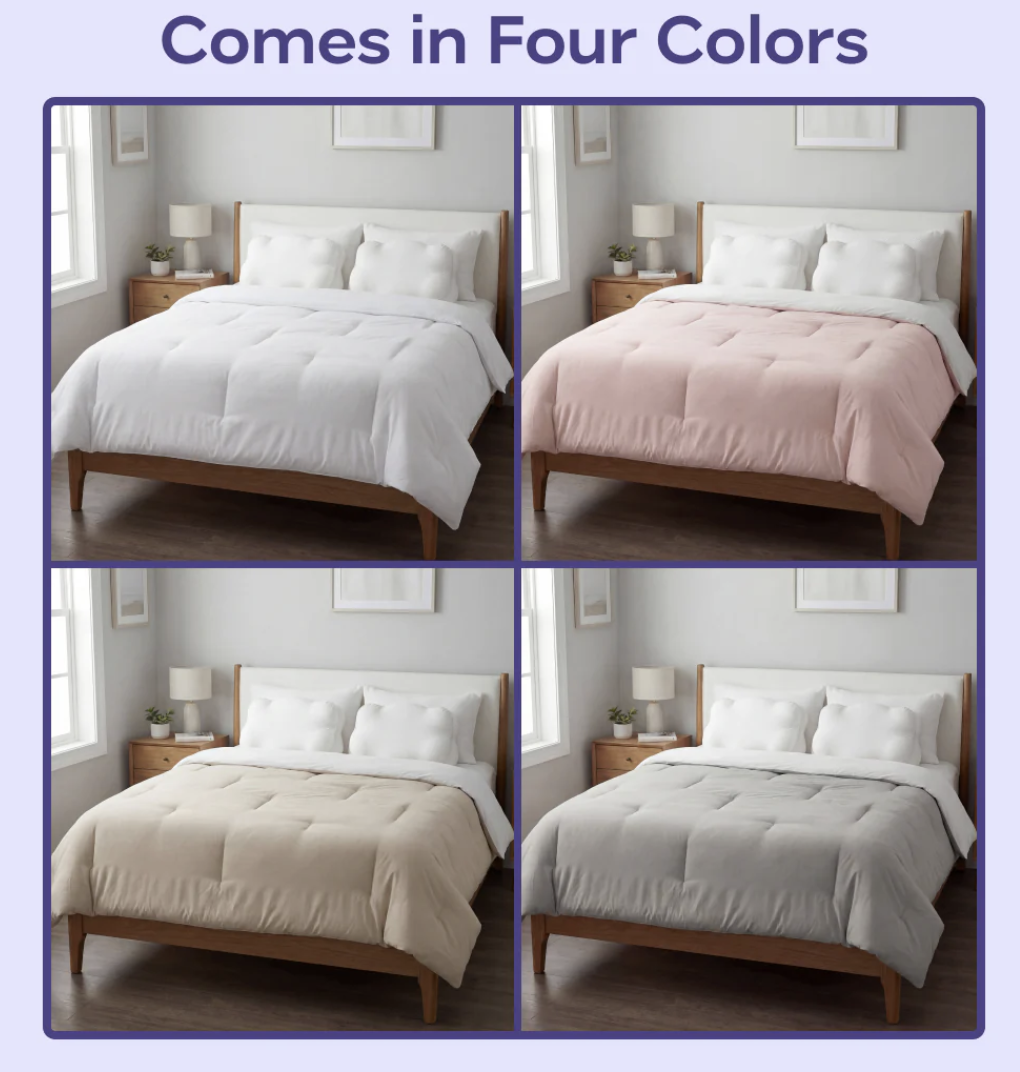 A collage showing a bed with a comforter in four different colors: white, pink, beige, and grey.