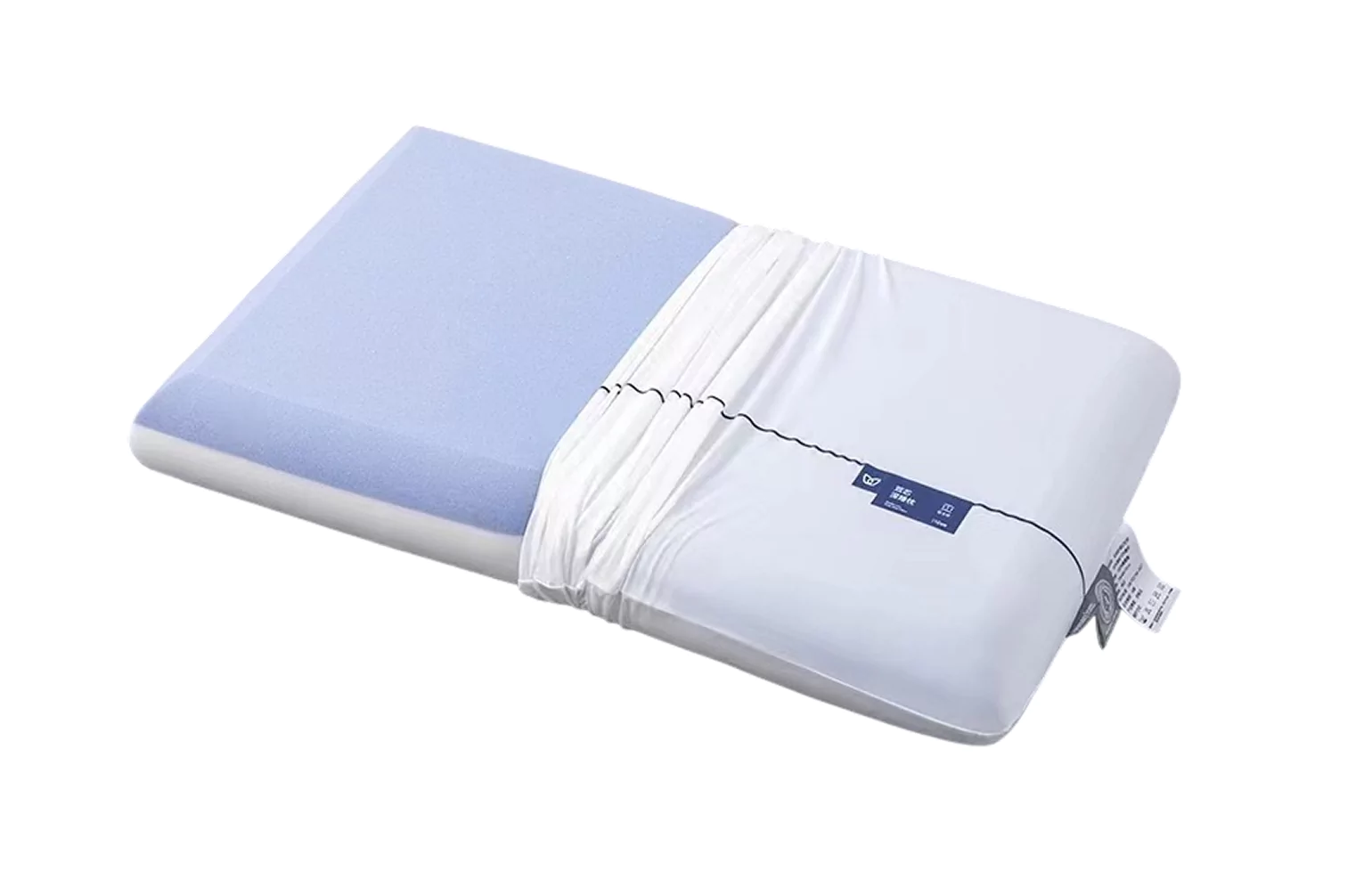 A blue and white memory foam pillow with a removable cover.