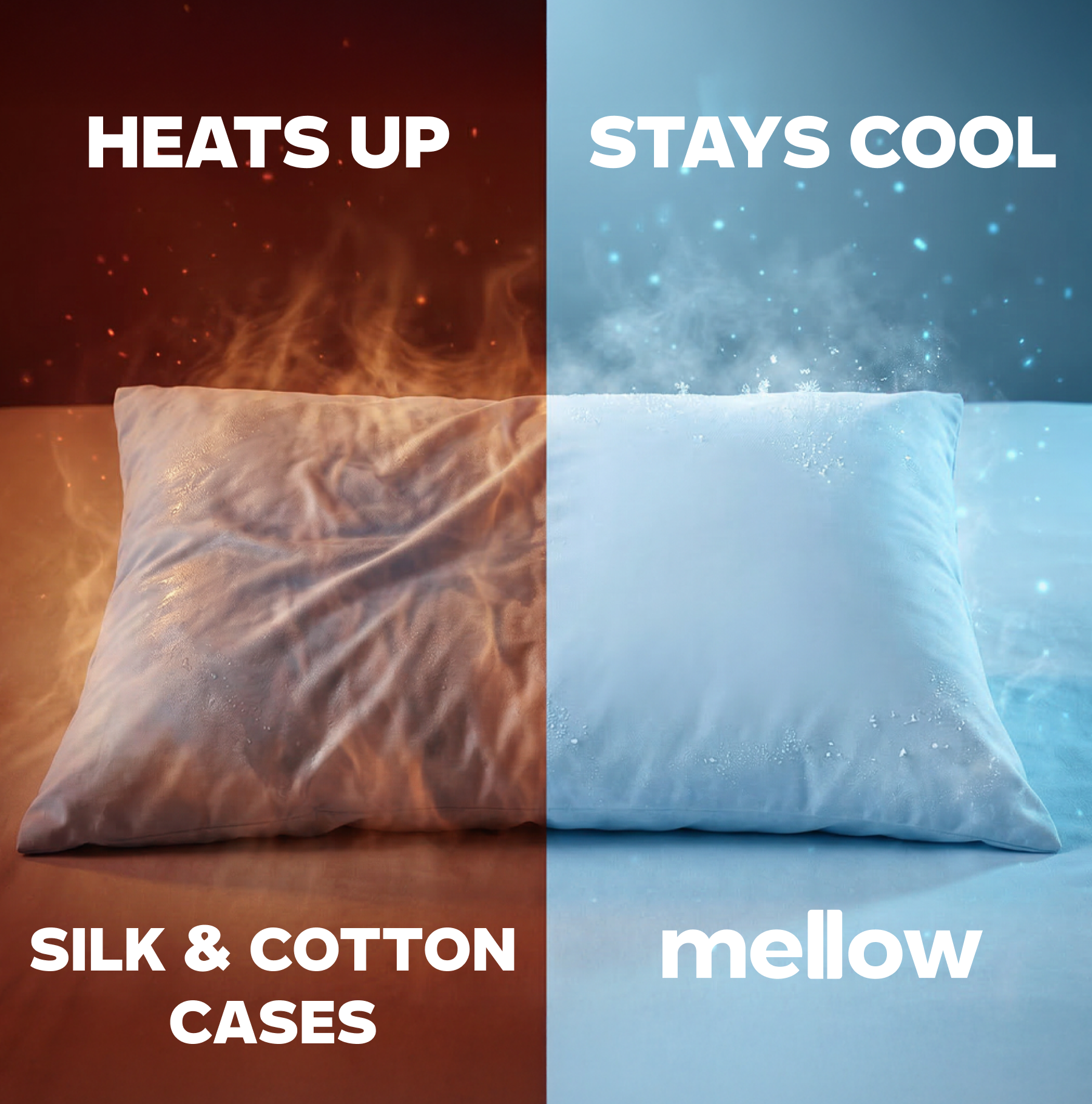 Split image comparing a hot pillowcase on a red background to a cool pillowcase on a blue background.