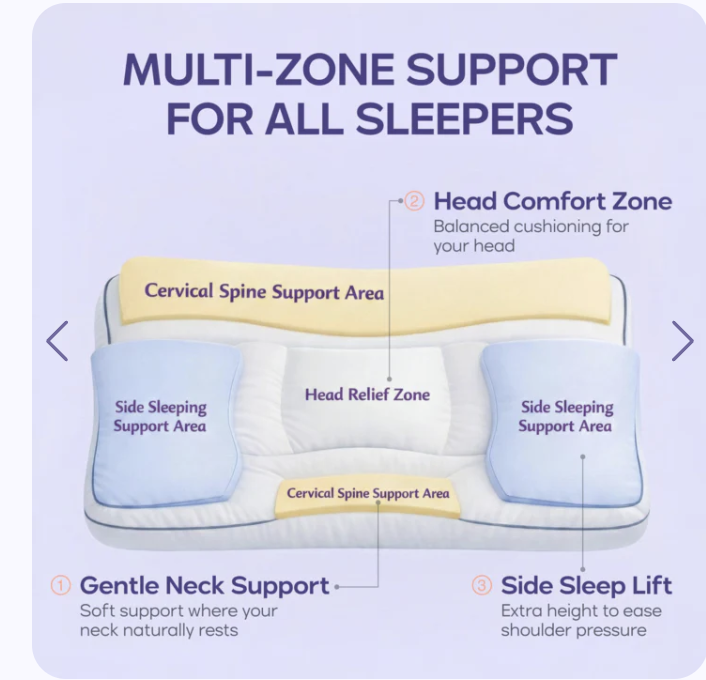 An infographic showing the different support zones of an ergonomic pillow for all types of sleepers.