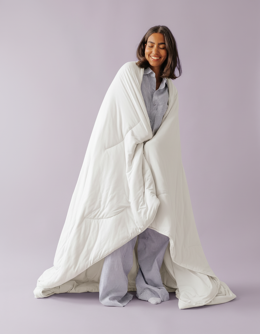 Person in pajamas wrapped in a white blanket, standing against a light purple background.
